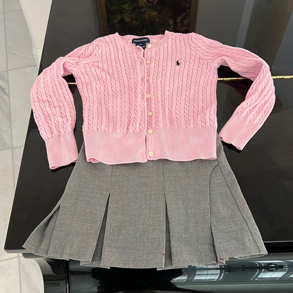 Polo Ralph, Lauren, cableknit sweater, size 6X and Zara pleat skirt size 7 adj
